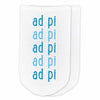AD Pi sorority nickname in sorority colors digitally printed on white cotton no show socks.