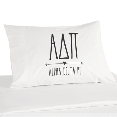 Alpha Delta Pi boho greek letters custom printed on white cotton pillowcase