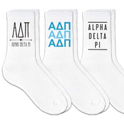 Alpha Delta Pi sorority crew socks with sorority name and Greek letters sold as a 3 pair gift set