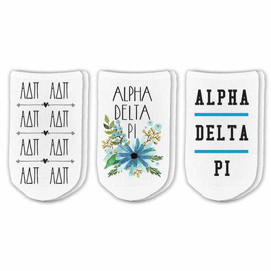 Alpha Delta Pi sorority no show socks with Greek letters and sorority floral design sold as a 3 pair gift set