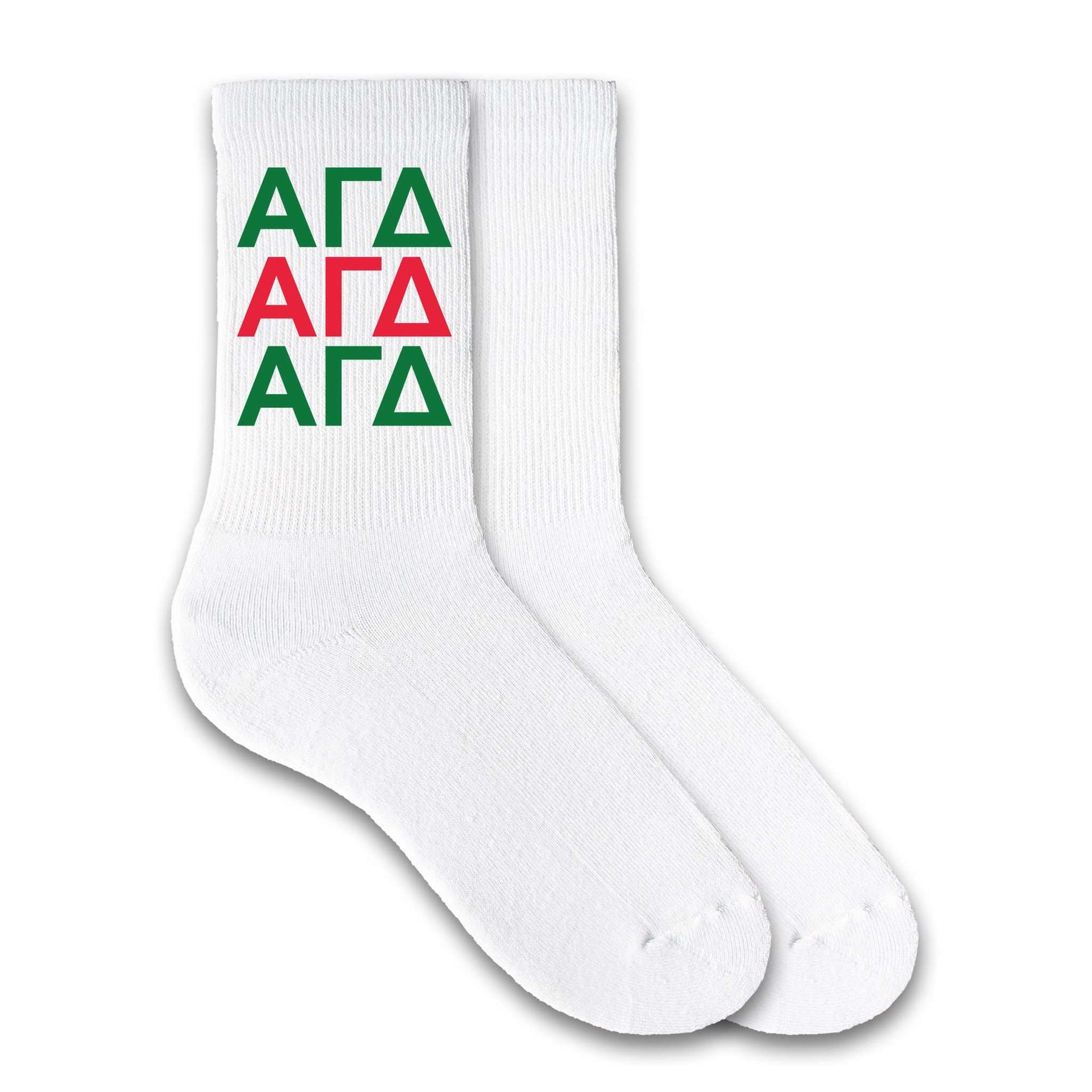 Alpha Gamma Delta sorority letters in repeat pattern digitally printed on crew socks.