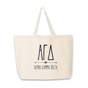 Alpha Gamma Delta sorority name and letters digitally printed on canvas tote bag.