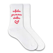 Alpha Gamma Delta sorority name and heart design custom printed on white cotton crew socks