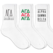 Alpha Gamma Delta sorority name digitally printed on crew socks and sold in a three pair set.