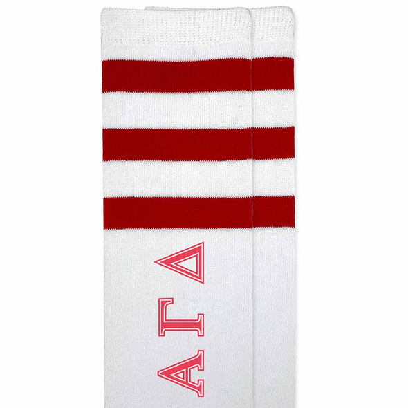 Alpha Gamma Delta sorority letters custom printed on cotton red striped knee high socks