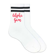 Alpha Gam sorority nickname digitally printed in sorority color on black striped crew socks.