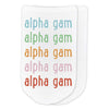 Alpha Gamma Delta nickname Alpha Gam in rainbow ink colors repeating printed on the front of the no show socks.