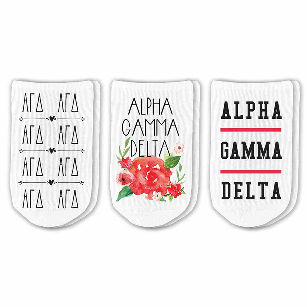 Alpha Gamma Delta sorority no show socks custom printed and sold as a three pair set.