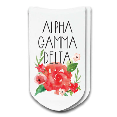 Alpha Gamma Delta sorority name with watercolor floral design digitally printed on no show socks.