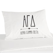 Alpha Gamma Delta sorority name and letters digitally printed on pillowcase.