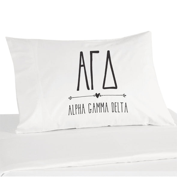 Alpha Gamma Delta sorority name and letters digitally printed on pillowcase.