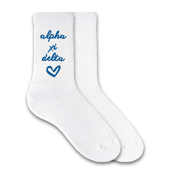 Alpha Xi Delta sorority heart design custom printed on white cotton crew socks