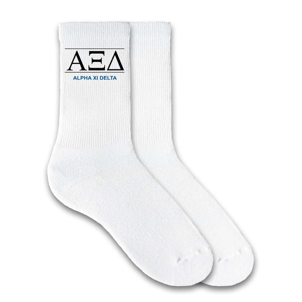Alpha Xi Delta sorority letters and name custom printed in classic design on white cotton crew socks