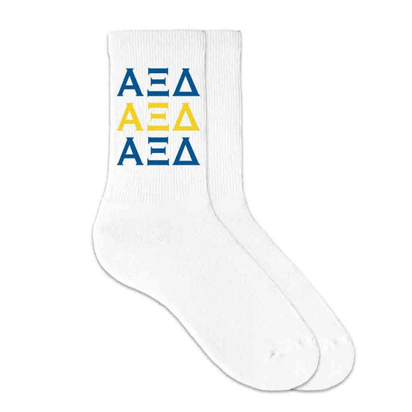 Alpha Xi Delta sorority letters custom printed on white cotton crew socks