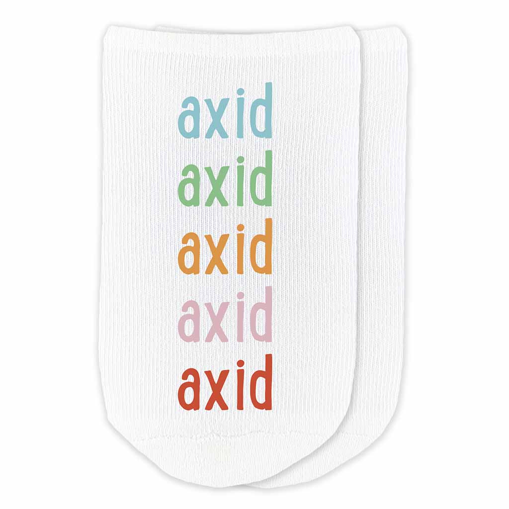 Alpha Xi Delta sorority name custom printed in rainbow letters on cute cotton no show socks