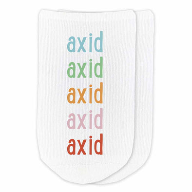 Alpha Xi Delta sorority name custom printed in rainbow letters on cute cotton no show socks