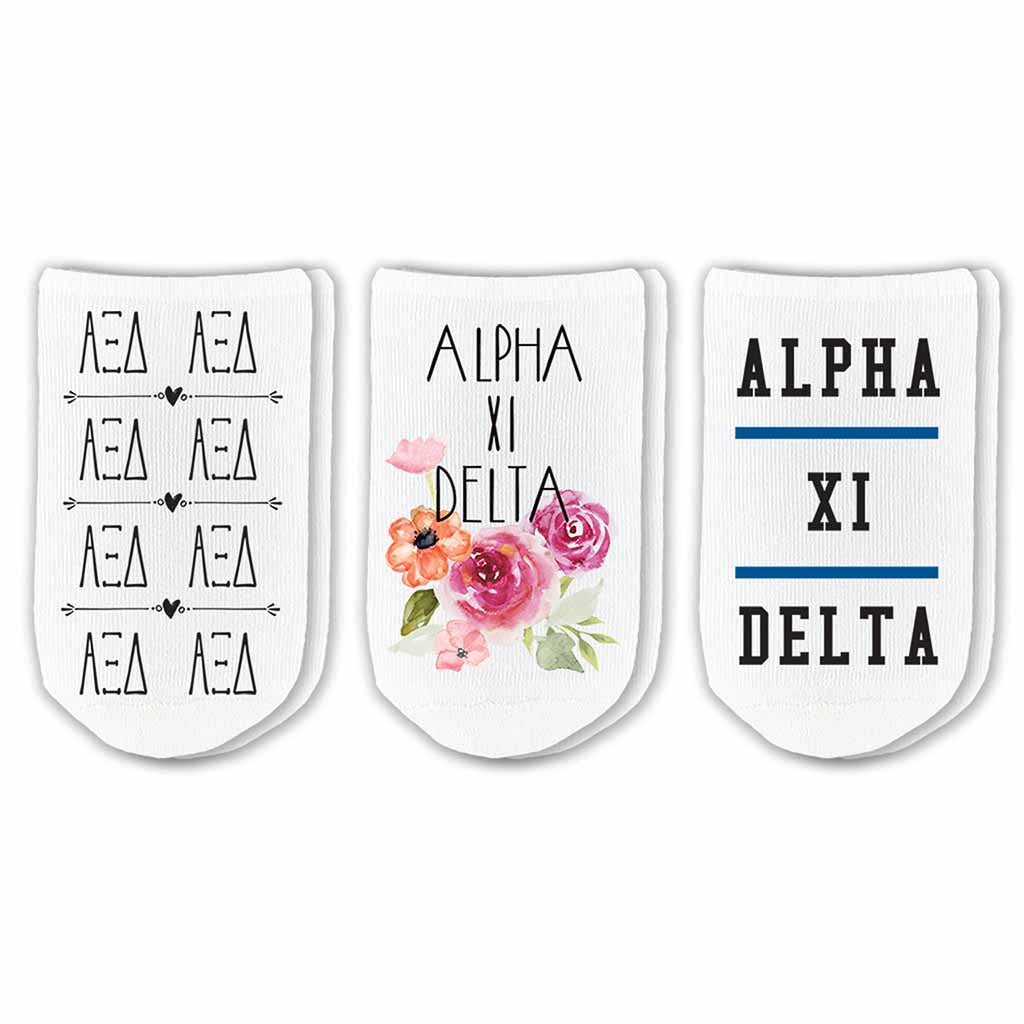 Alpha Xi Delta sorority footie socks with sorority name, Greek letters and sorority floral design sold as a 3 pair gift set