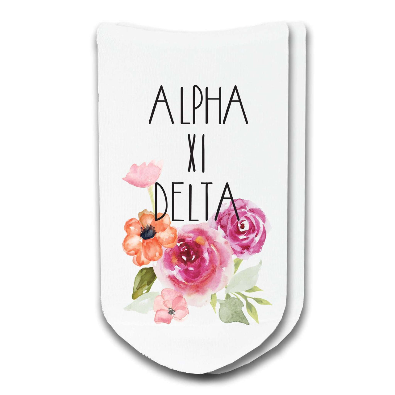 Alpha Xi Delta sorority name watercolor floral design custom printed on no show socks