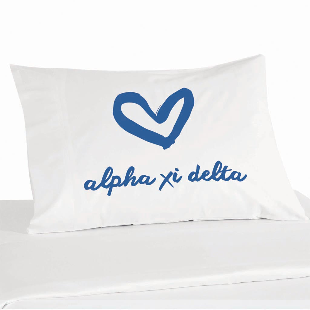 Alpha Xi Delta sorority name and heart design custom printed on pillowcase