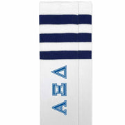 Alpha Xi Delta sorority letters custom printed on navy striped knee high socks