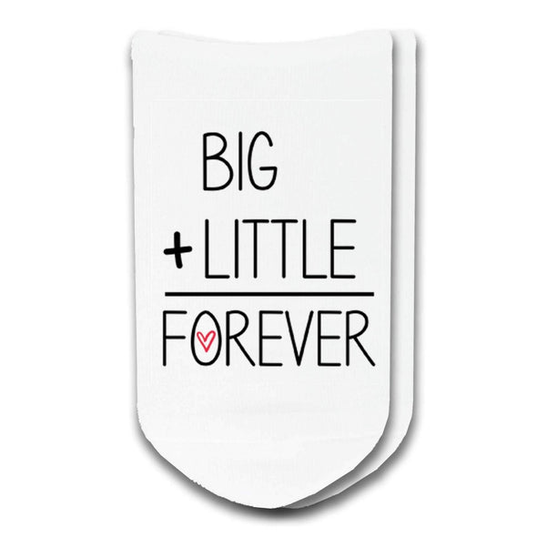Big plus little equals forever math equation with heart digitally printed on the top of the white cotton no show socks.