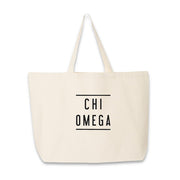 Chi Omega sorority name in black ink digitally printed with stripes on canvas tote bag.