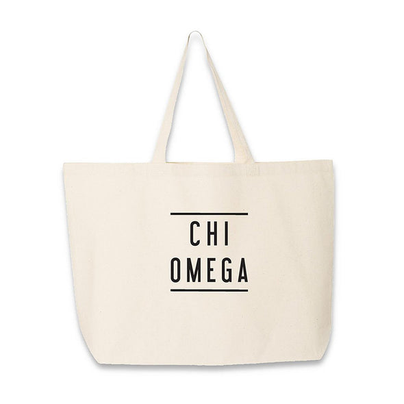 Chi Omega sorority name in black ink digitally printed with stripes on canvas tote bag.