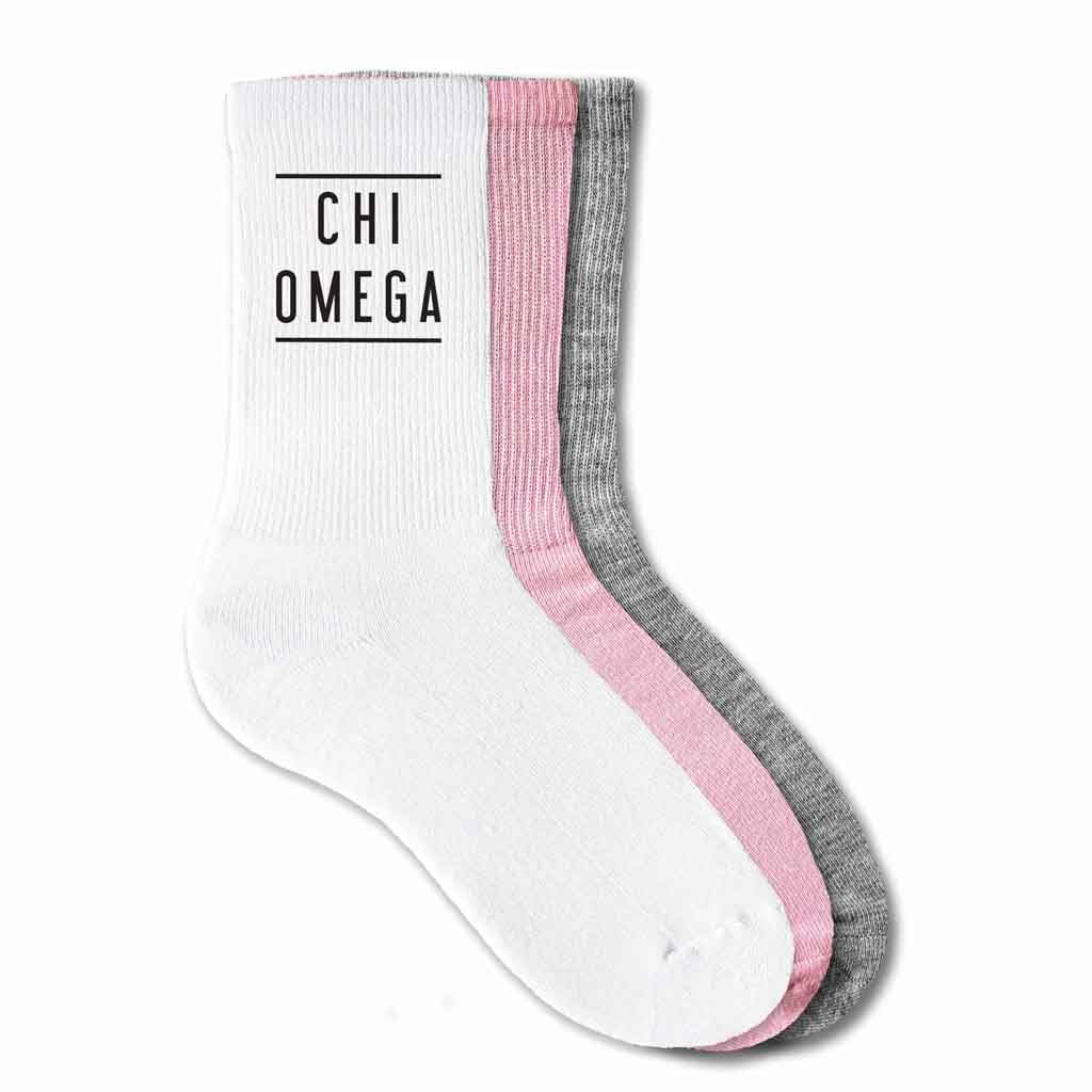 Chi Omega sorority custom printed on white, pink, or heather gray cotton crew socks