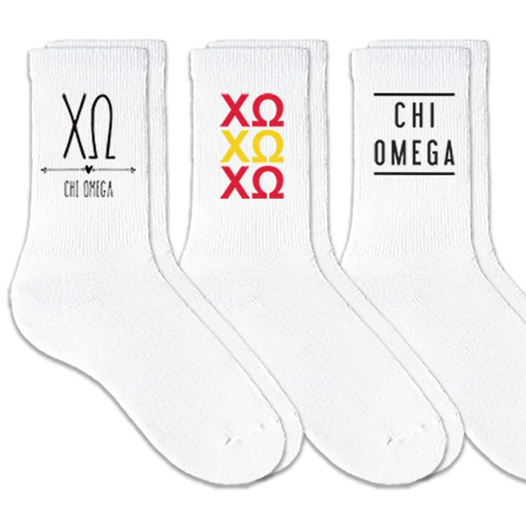 Chi Omega sorority name and letters digitally printed on white crew socks in a three pair set.