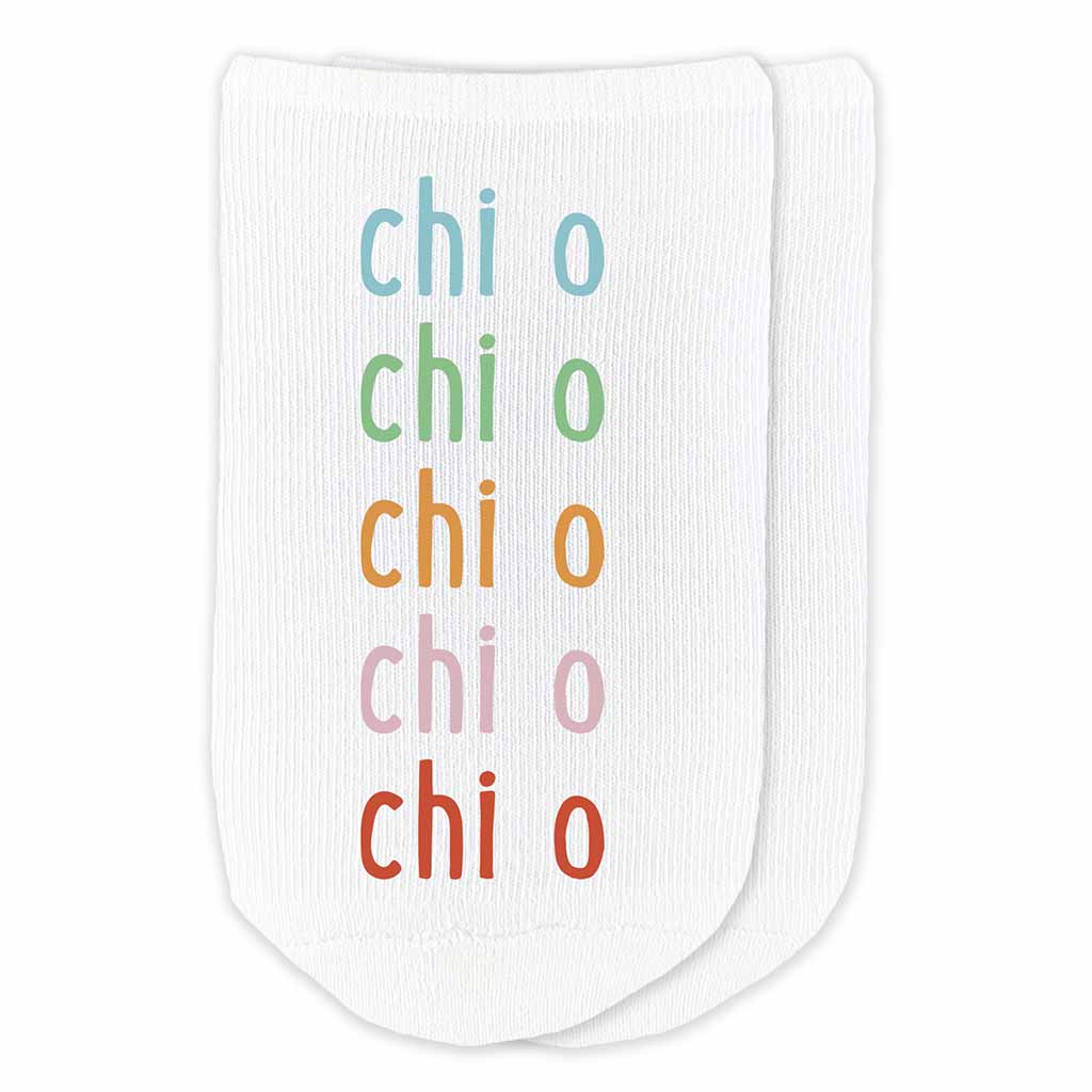 Chi Omega sorority socks custom printed in rainbow design on cotton no show socks.