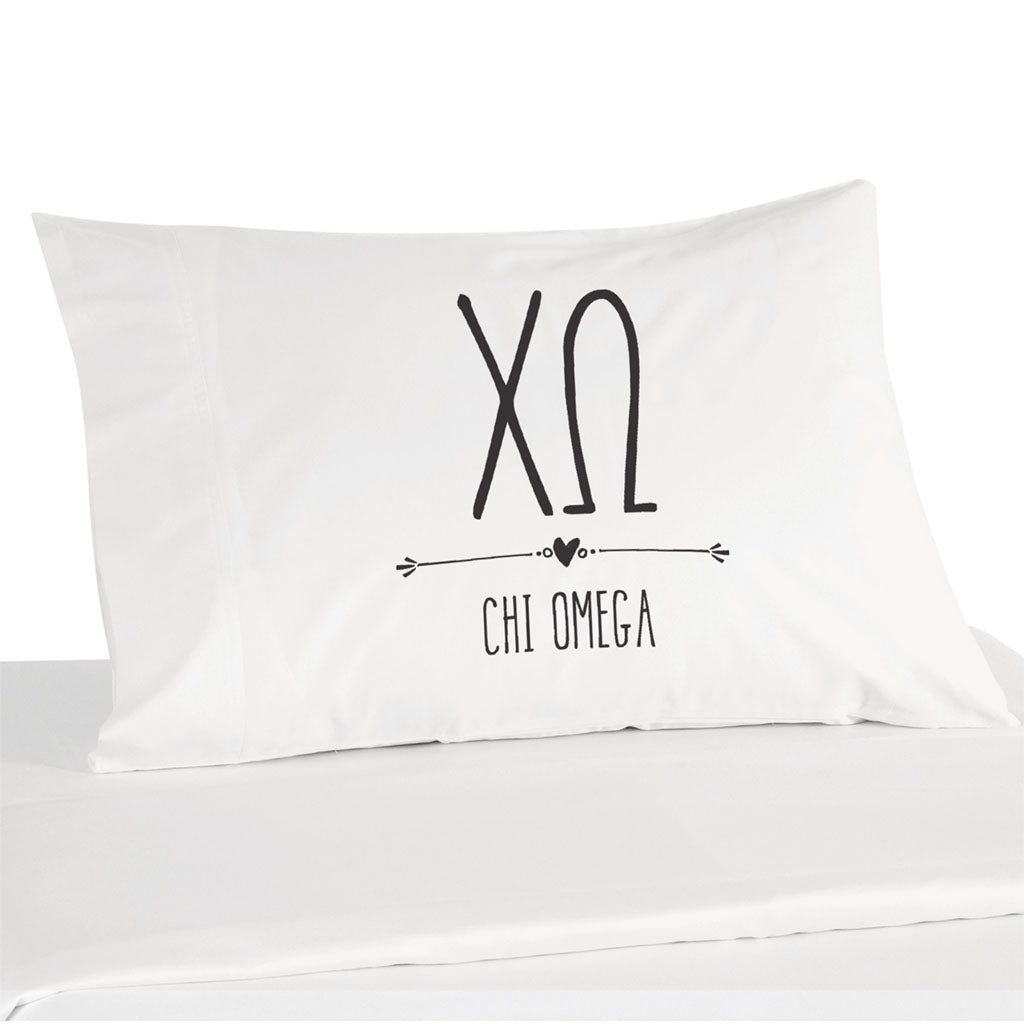 Chi Omega sorority name and letters custom printed on white cotton pillowcase