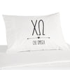Chi Omega sorority name and letters custom printed on white cotton pillowcase