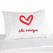 Chi Omega sorority name with heart design custom printed on pillowcase