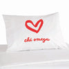 Chi Omega sorority name with heart design custom printed on pillowcase