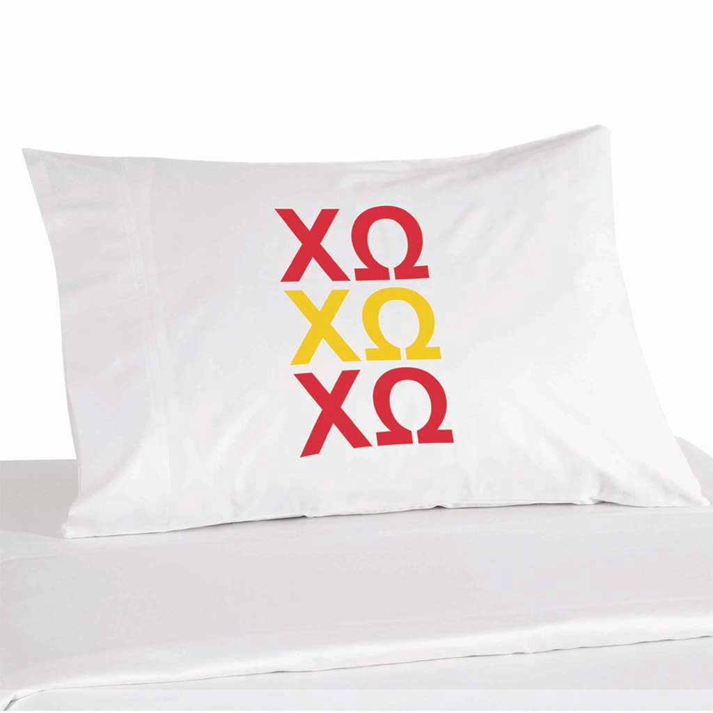 Chi Omega sorority letters in sorority colors custom printed on pillowcase