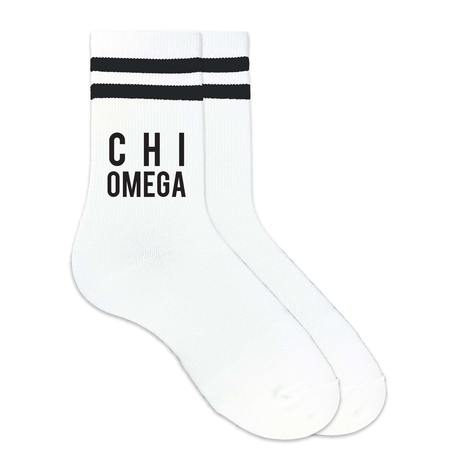 Chi Omega sorority name custom printed on black striped crew socks