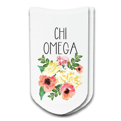 Chi Omega sorority watercolor floral design custom printed on white cotton no show socks.