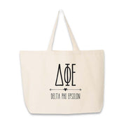 Delta Phi Epsilon sorority tote bag with D Phi-E letters and name printed on the cotton canvas bag