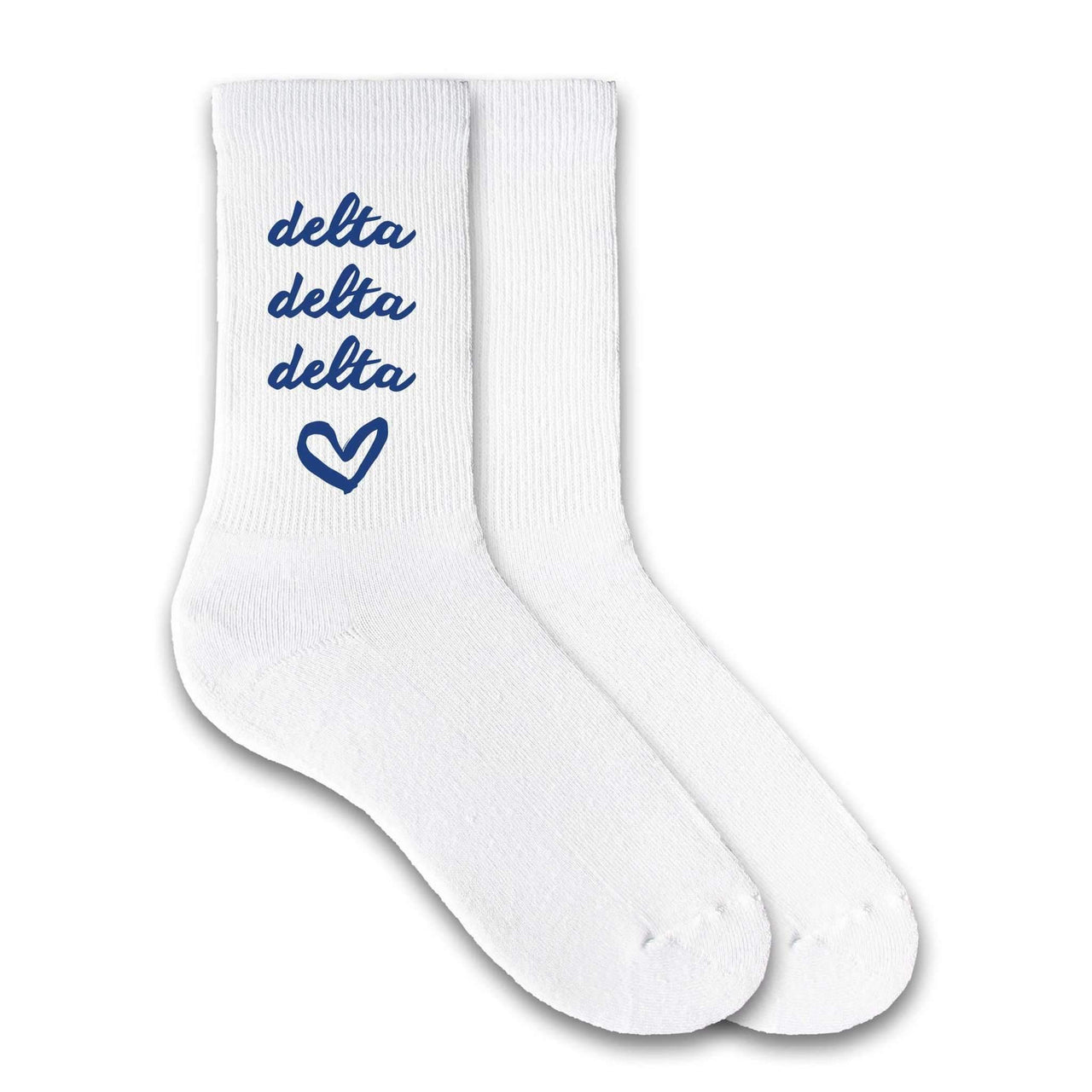 Delta Delta Delta sorority name heart design custom printed on white cotton crew socks