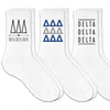 Delta Delta Delta sorority crew socks with sorority name and Greek letters sold as a 3 pair gift set
