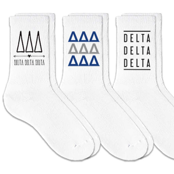 Delta Delta Delta sorority crew socks with sorority name and Greek letters sold as a 3 pair gift set