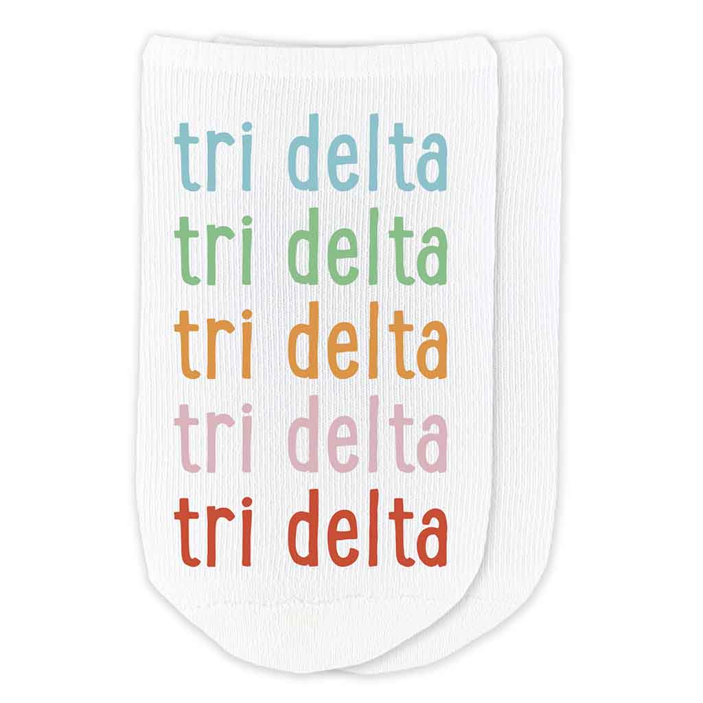 Delta Delta Delta sorority repeating rainbow letter design custom printed on comfy cotton no show socks