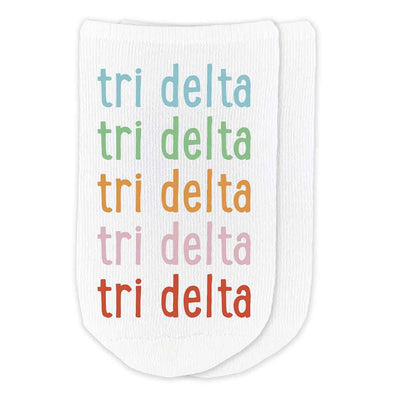 Delta Delta Delta sorority repeating rainbow letter design custom printed on comfy cotton no show socks