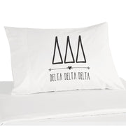 Delta Delta Delta sorority name and letters custom printed on white cotton pillowcase
