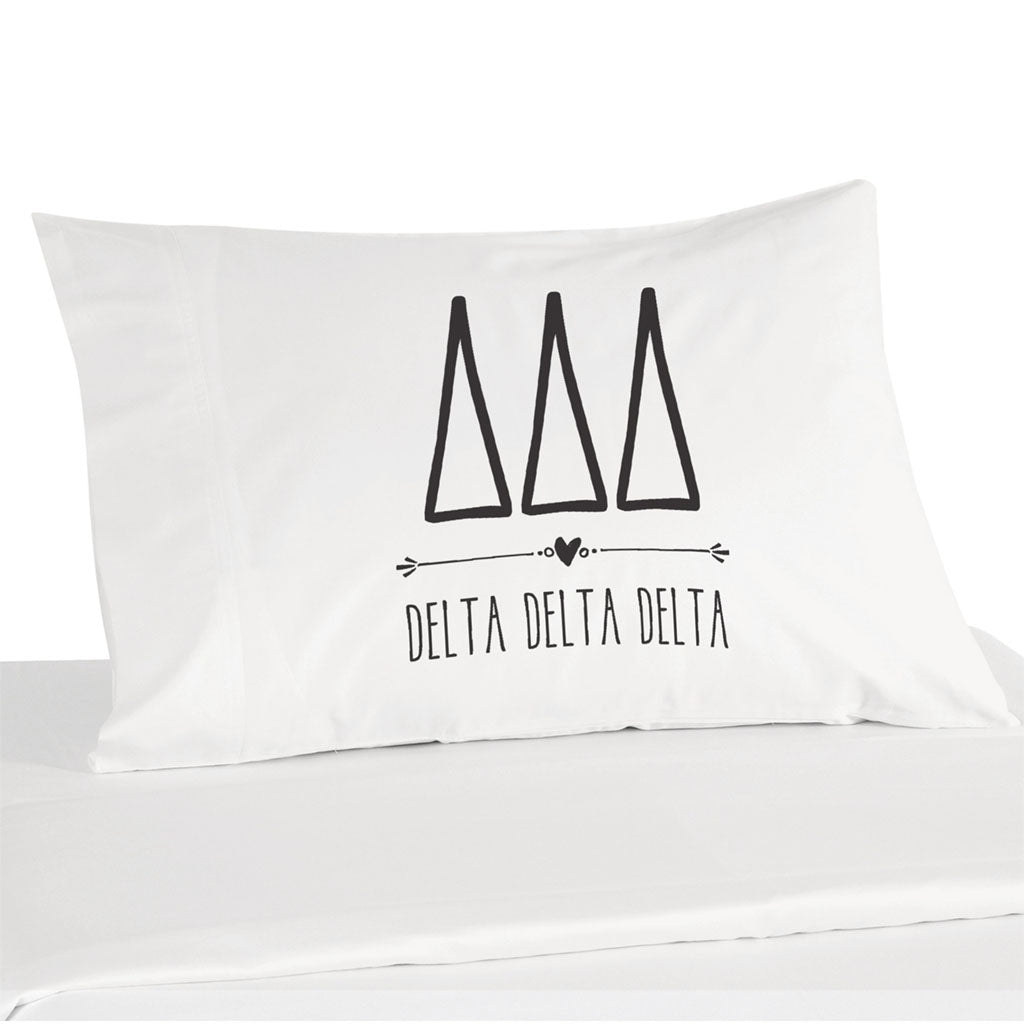 Delta Delta Delta sorority name and letters custom printed on white cotton pillowcase