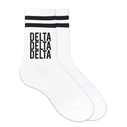 Delta Delta Delta sorority name digitally printed in black ink on black striped crew socks.