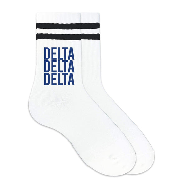Delta Delta Delta sorority name custom printed on black striped crew socks