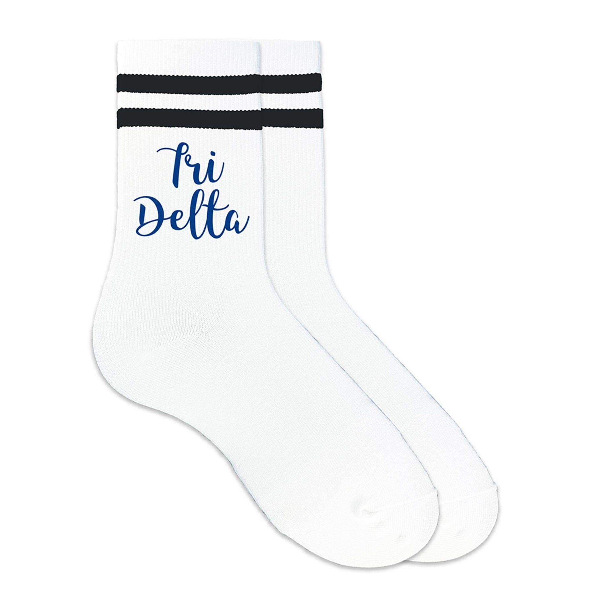 Tri Delta sorority nickname custom printed on striped crew socks