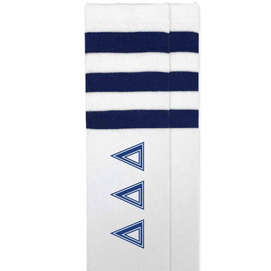 Delta Delta Delta sorority letters custom printed on cotton navy striped knee high socks