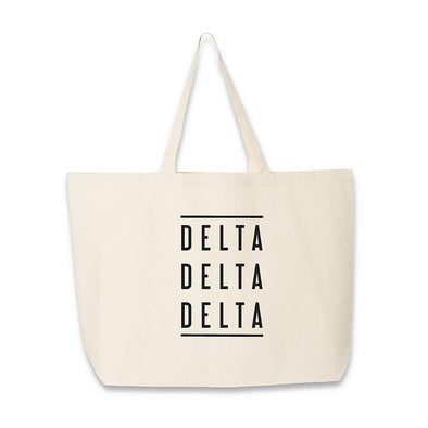 Delta Delta Delta sorority name digitally printed on canvas tote bag.